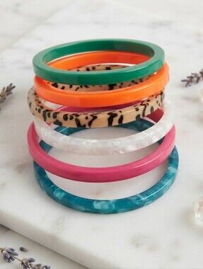 Plunder 6  Color-Block Bangle Stack - Green, Orange, Teal, Pink, Pearl & Leopard